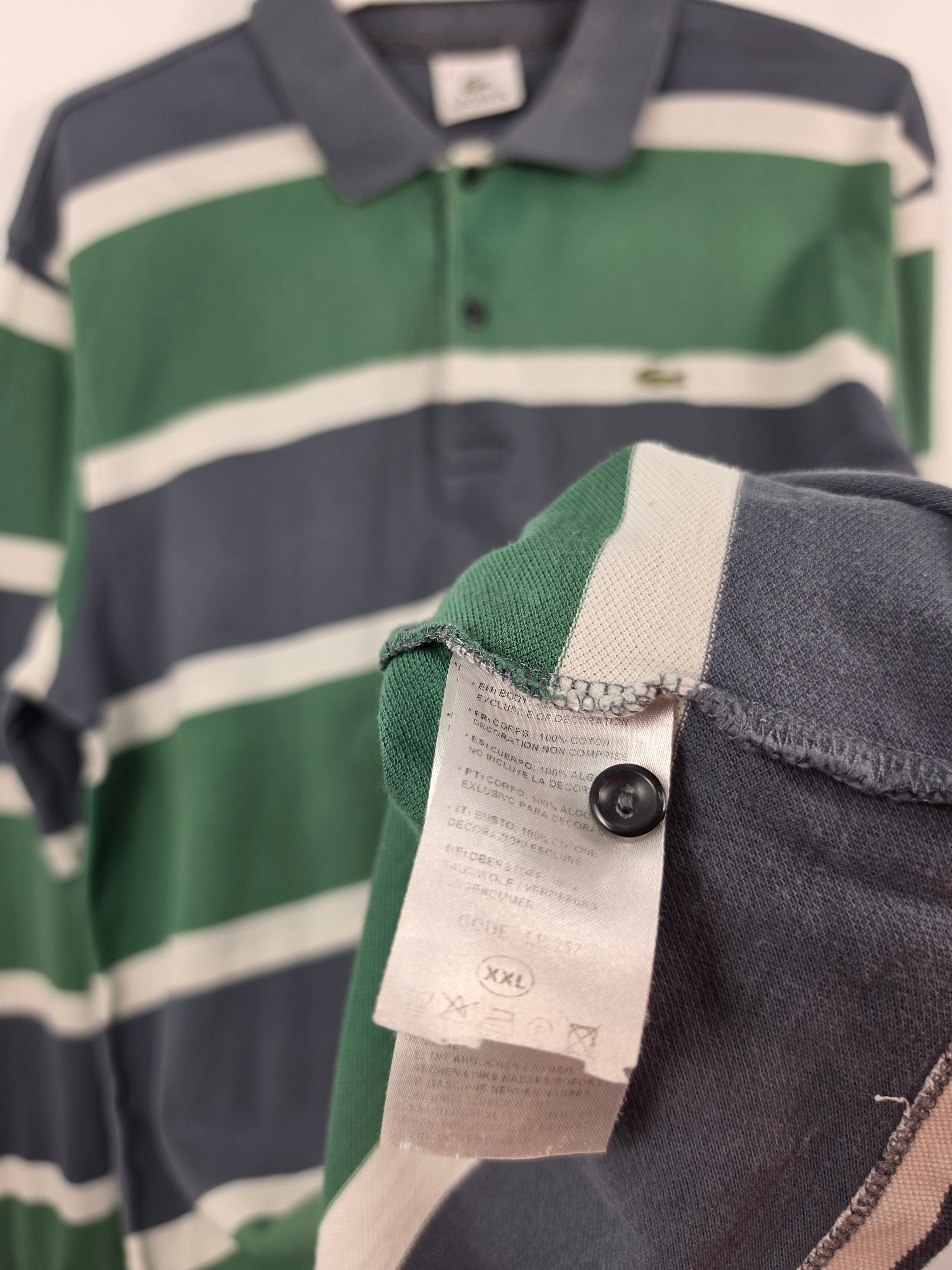 Polo de Manga Larga Lacoste Retro a Rayas Verdes y Gris Oscuro - Talla L (Etiqueta 8) - Grado A (56x75)