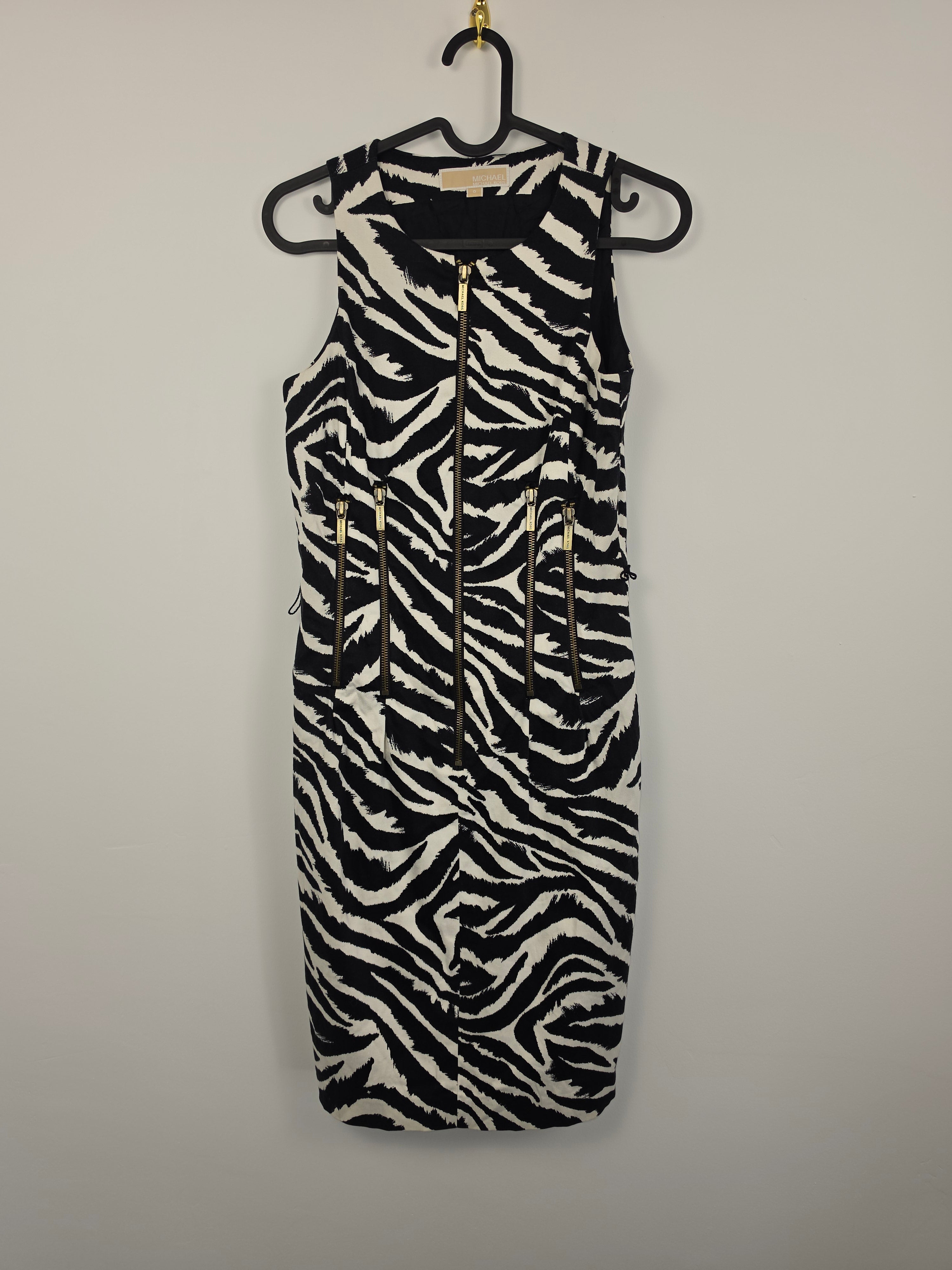 Vestido Michael Kors Talla 0 (XS) - Animal Print Cebra - Cremalleras Doradas - Lujo Vintage
