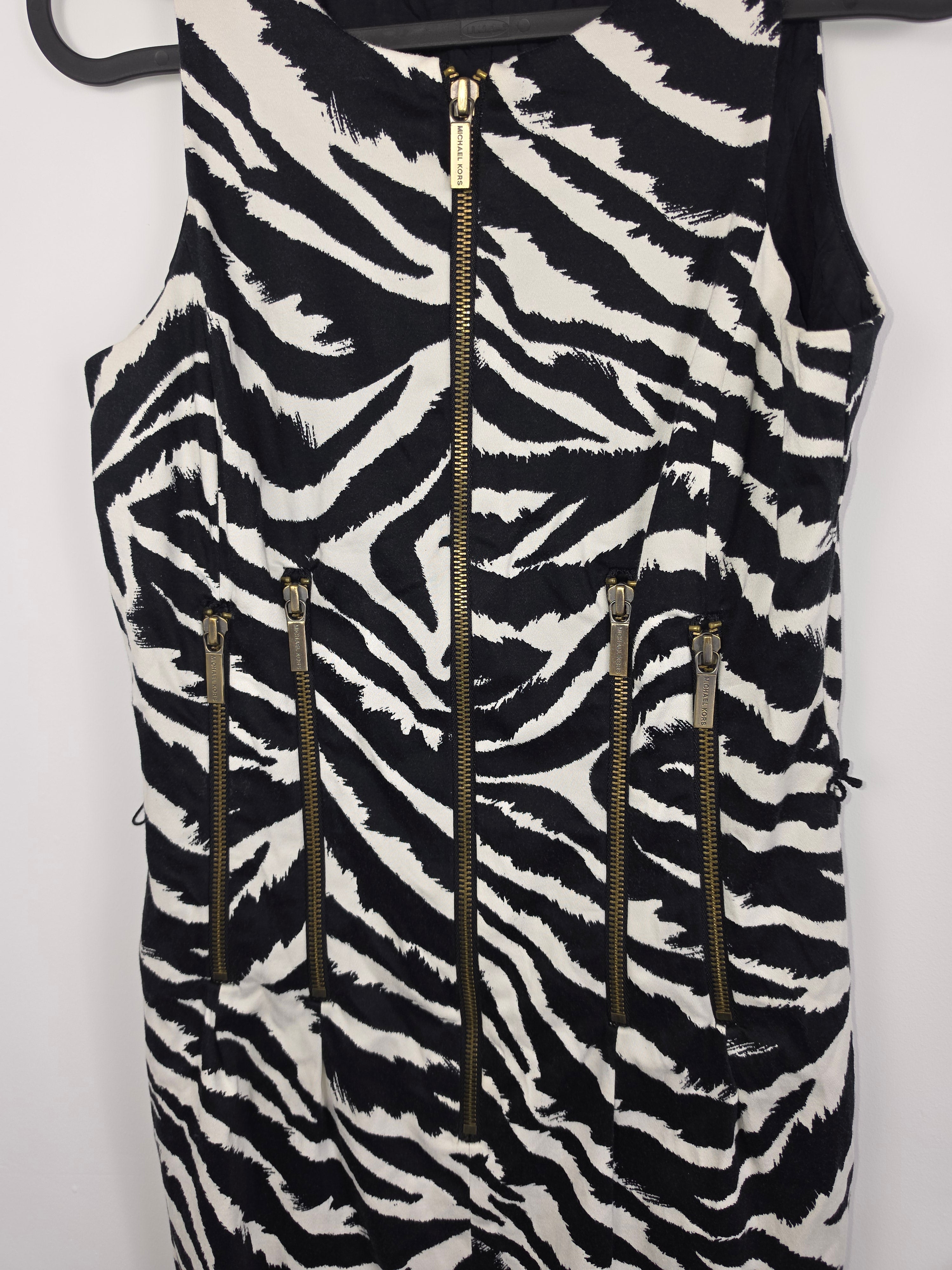 Vestido Michael Kors Talla 0 (XS) - Animal Print Cebra - Cremalleras Doradas - Lujo Vintage