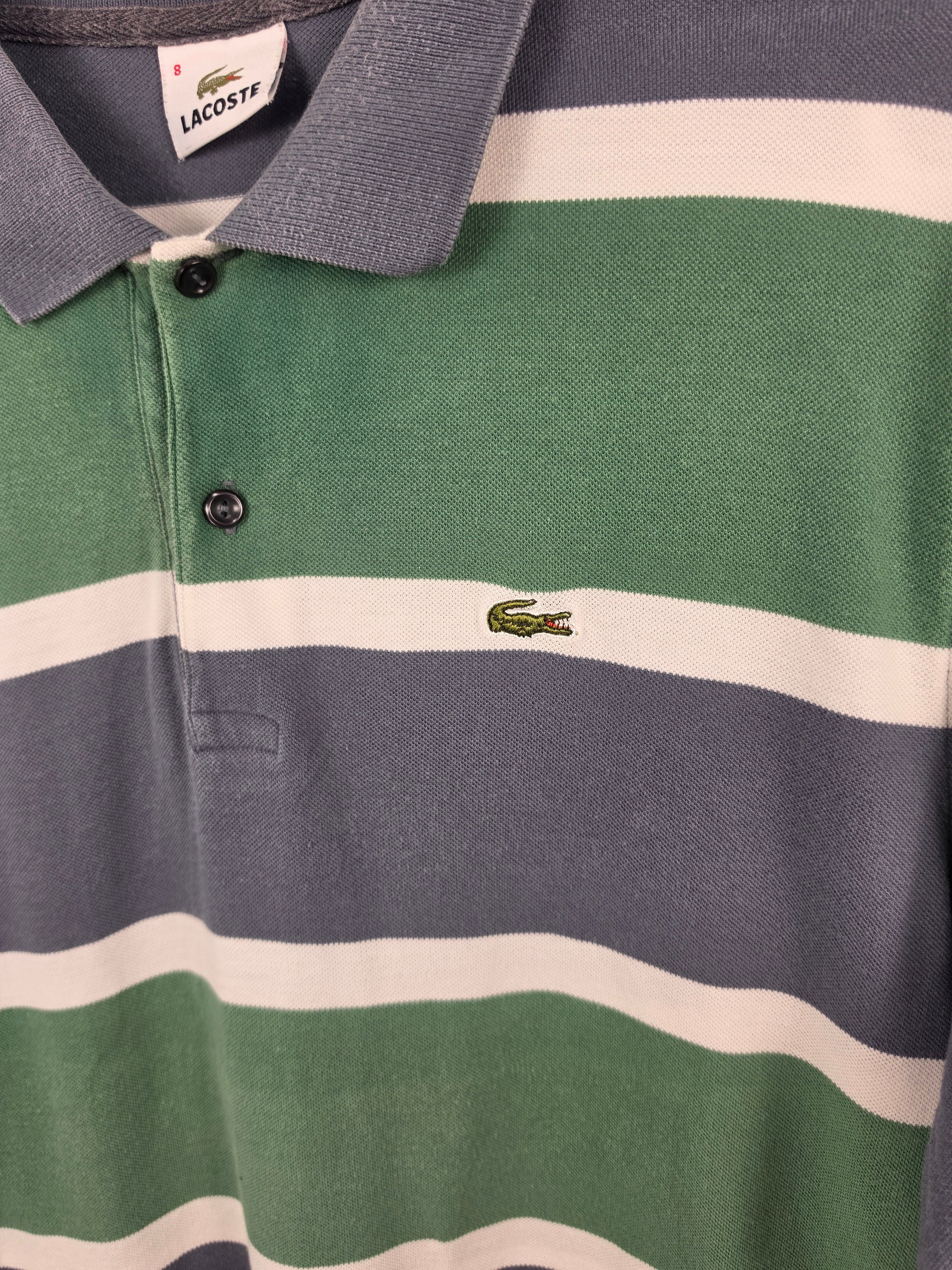 Polo de Manga Larga Lacoste Retro a Rayas Verdes y Gris Oscuro - Talla L (Etiqueta 8) - Grado A (56x75)