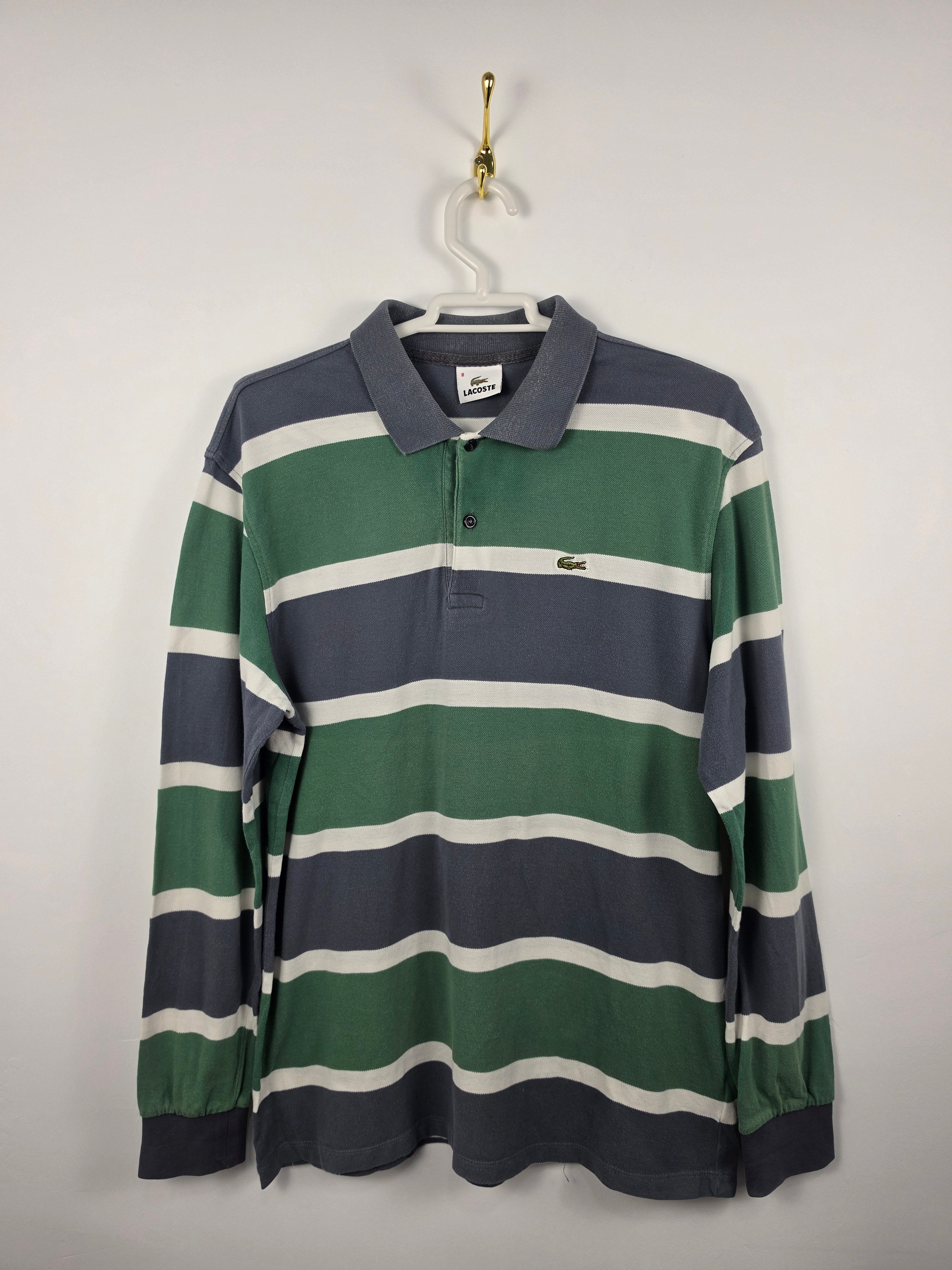 Polo de Manga Larga Lacoste Retro a Rayas Verdes y Gris Oscuro - Talla L (Etiqueta 8) - Grado A (56x75)