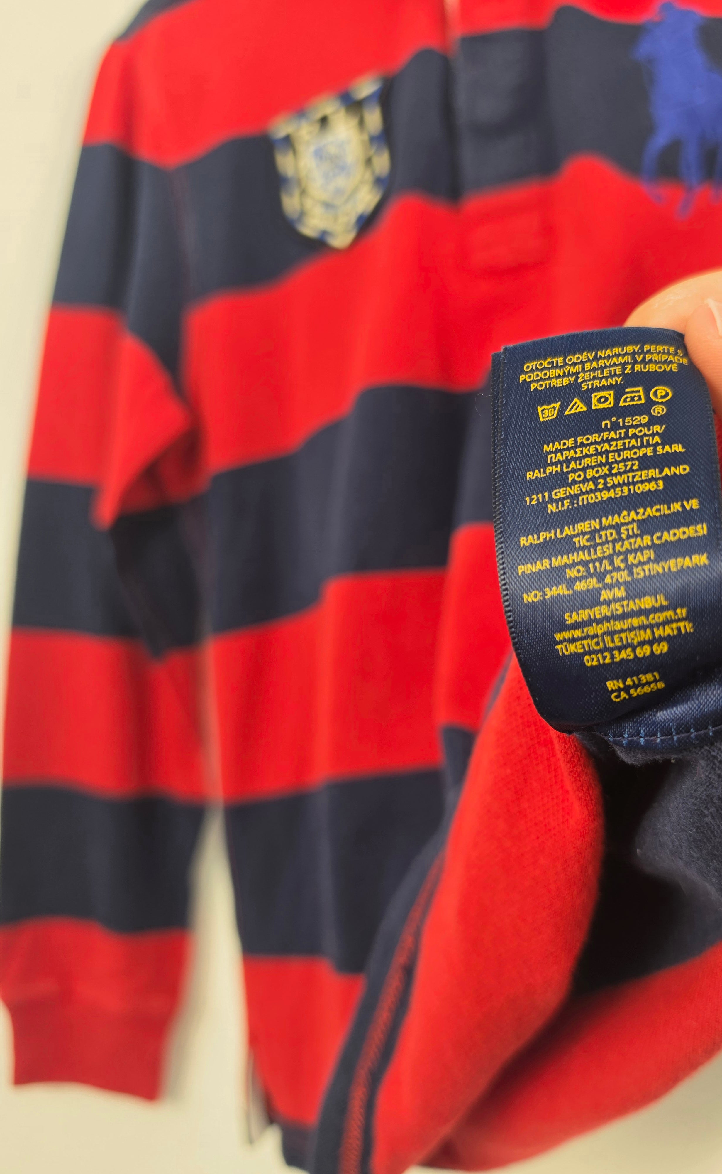 Polo Rugby Ralph Lauren Manga Larga - Rojo/Marino - Talla M Niño / XS Mujer (45x59) - Grado A